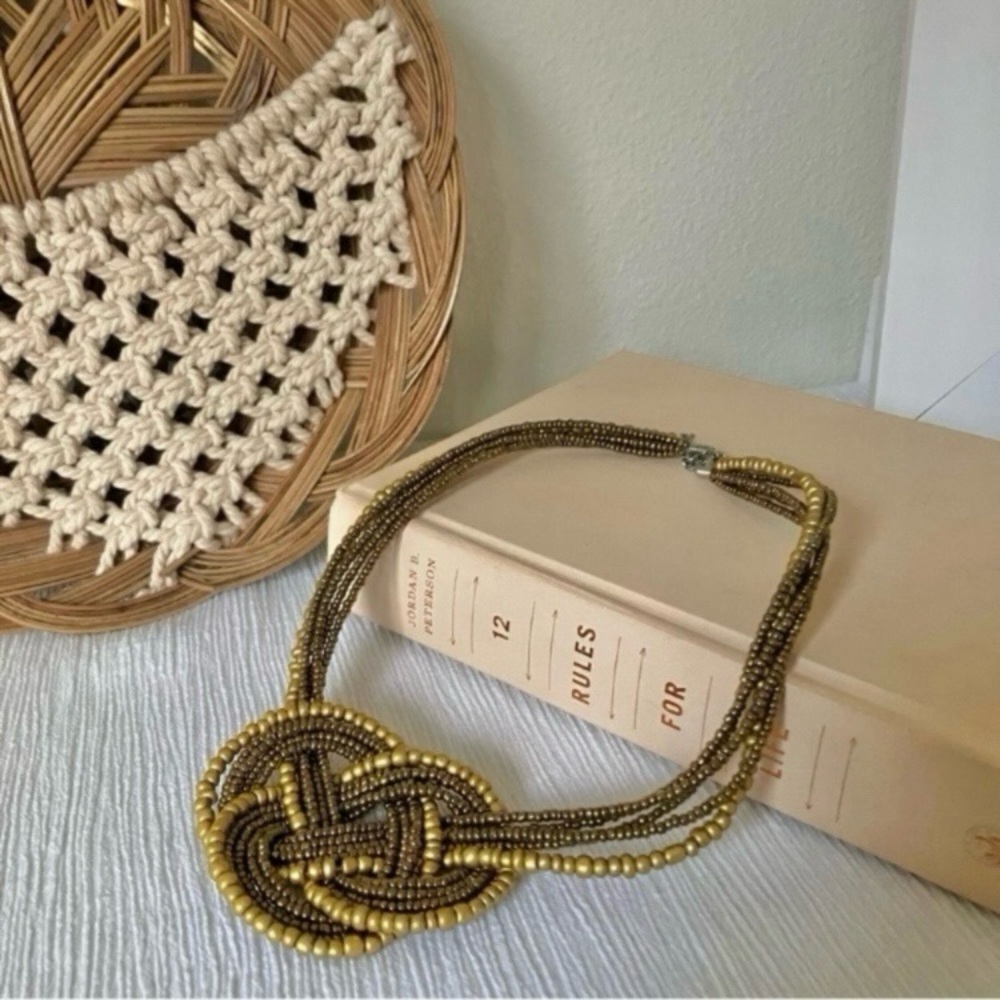 Gold Forget Me Knot Beaded Necklace Vintage “Kayte” Multi Strand Brown Boho Chun